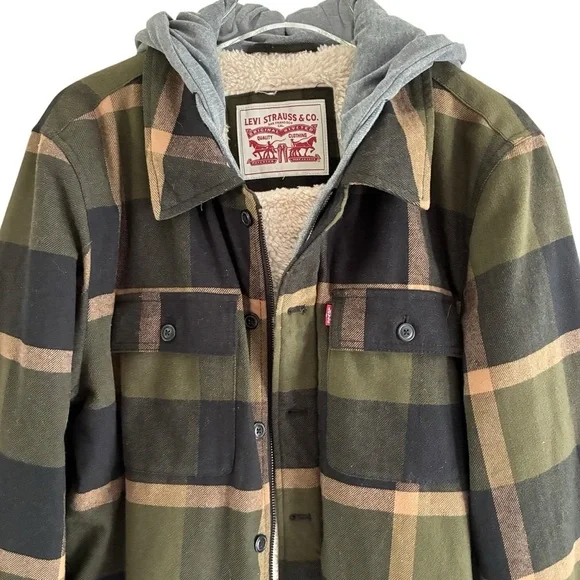 Levi’s Green Plaid Cotton Shirt Jacket With Hoodie Medium
